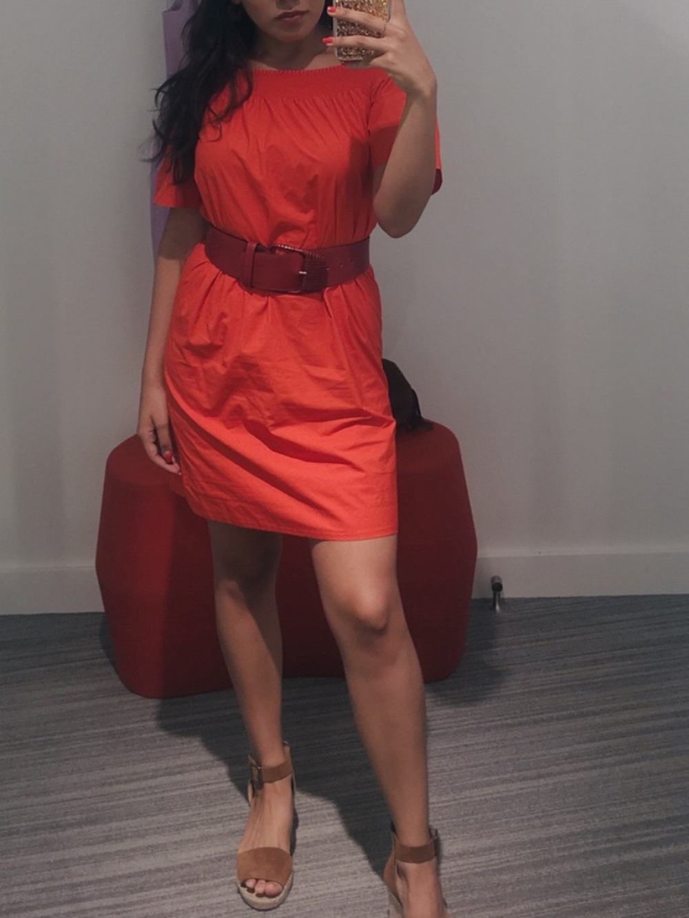 J.Crew Off Shoulder Smocked Mini Dress Red Orange Size 2